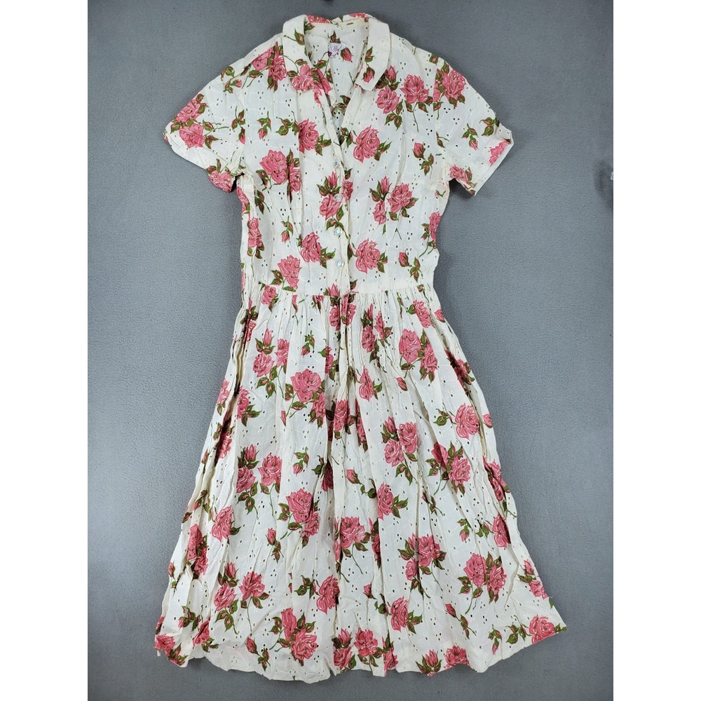 Kay Windsor Shirtwaist Dress Womens White Pink Floral Eyelet Vintage Midi 50s